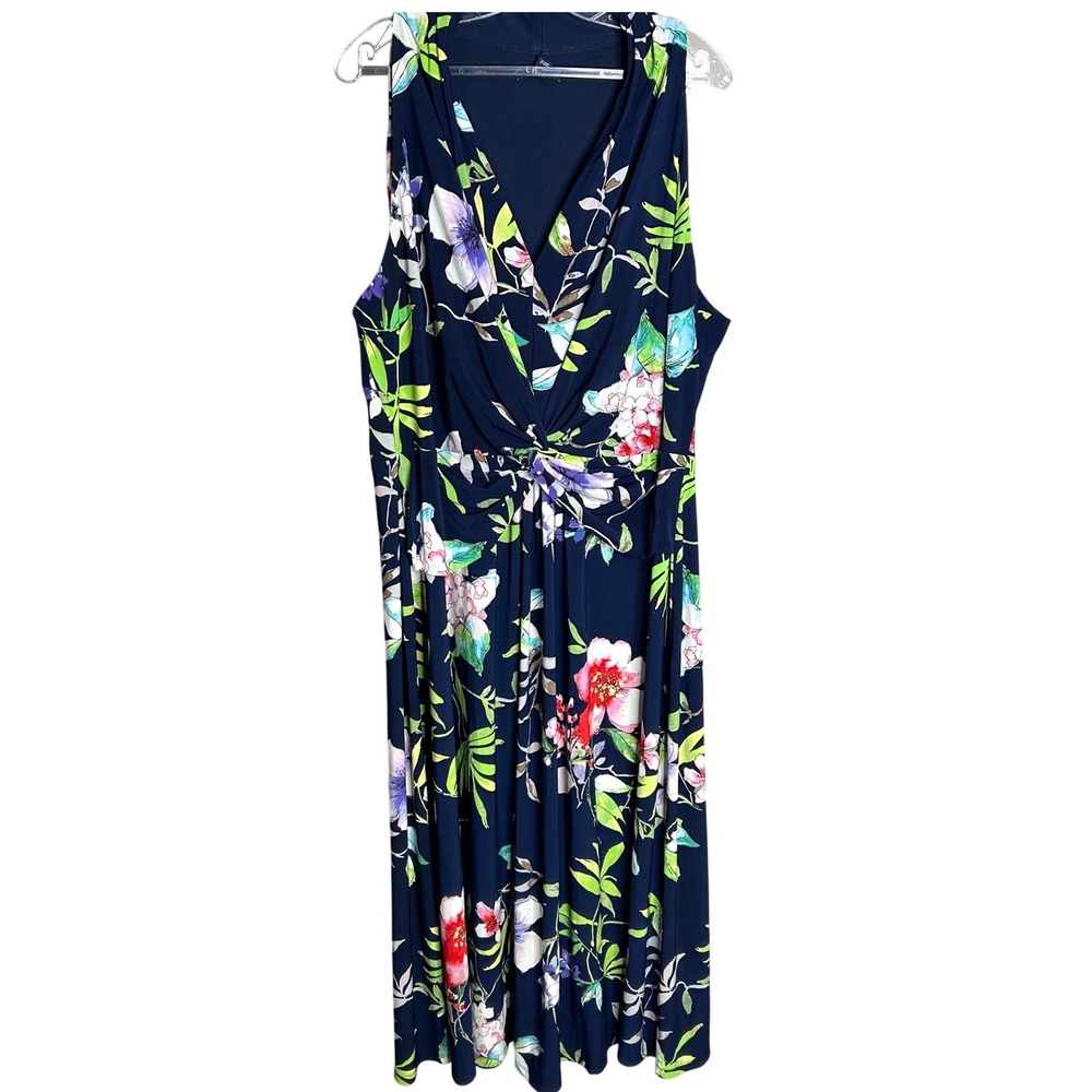 Chaps Womens 22W Navy Blue Floral Faux Wrap Knot Front Sleeveless Maxi Dress